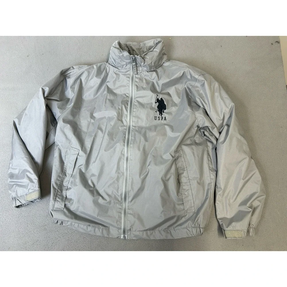 USPA Polo Coat Mens Size Large Fleece Lined Zip‎ Up Jacket Gray Logo